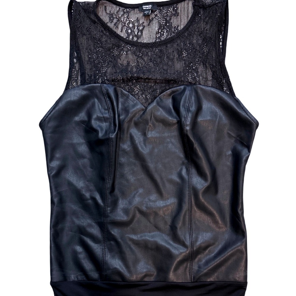 Express Body Contour Black‎ Faux Leather Lace Sleeveless Bodysuit Small S 55285